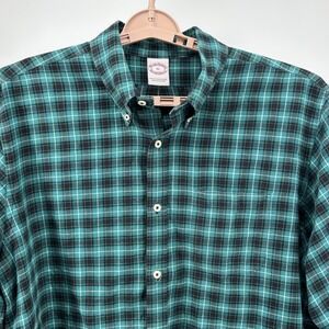 Brooks Brothers Flannel Shirt Mens XL Teal Green Plaid Cotton Wool Button Down